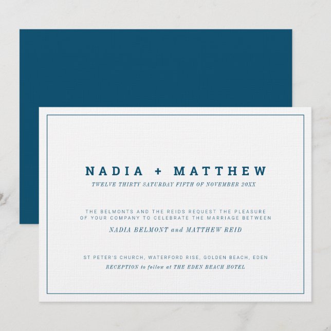 Classic text minimal navy blue and white wedding invitation (Front/Back)