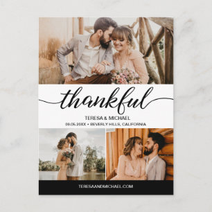 Classic Thankful Script 3 Photo Wedding Postcard