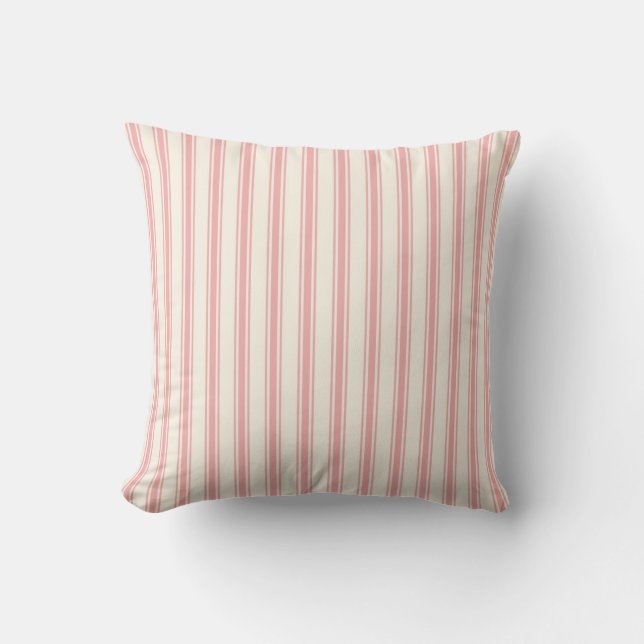 Classic Ticking Stripe Pattern Pink and Cream Throw Pillow (Front)