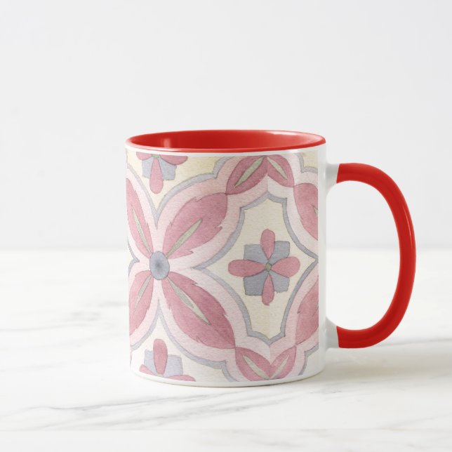 Classic tile pattern Red, blue and pink Retro gift Mug (Right)