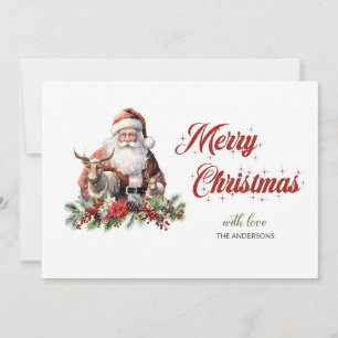 Classic timeless Santa Claus with Reindeer   holly Holiday Card