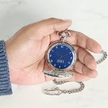 Classic Timepiece Navy Blue Silver Monogram Pocket Watch<br><div class="desc">Custom, personalized, unisex, elegant faux silver monogrammed on dark navy blue colour dial, stylish cool unique classy, mens womens unisex, premium alloy, classic timepiece, silver pocket watch. Simply type in your name / monogram / initials, to customize. Makes a great gift, for birthday, graduation, fathers day, christmas, holidays, wedding, marriage...</div>