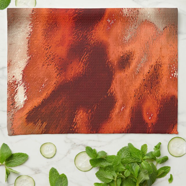 Classic to stained in shades of intense red&coral kitchen towel (Folded)