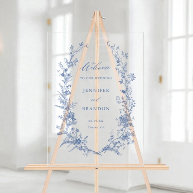 Classic Toile Blue Floral Wedding Welcome Acrylic Sign (Creator Uploaded)