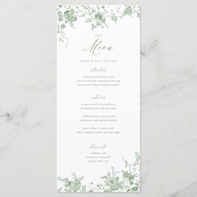 Classic Toile Green Floral Mariage Menu Table (Devant)