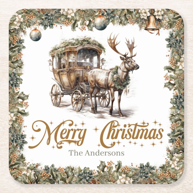 Classic tradition greenery gold Christmas reindeer Square Paper Coaster (Front)