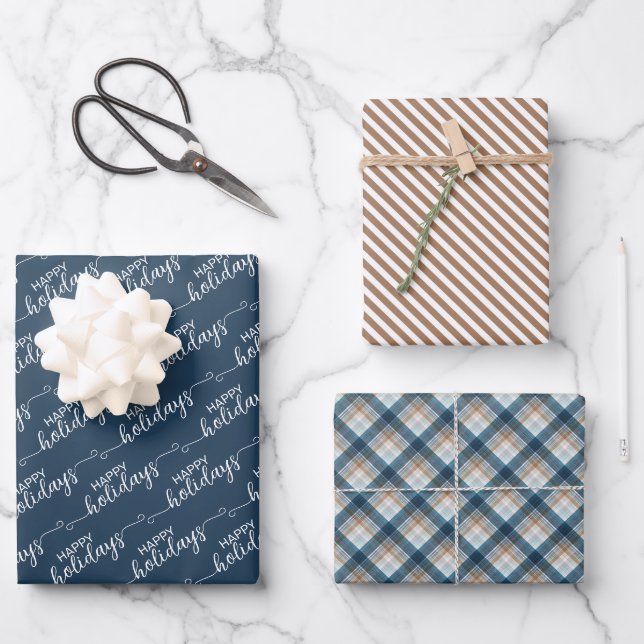 Classic Traditional Blue Taupe Beige White Plaid Wrapping Paper Sheet (Front)