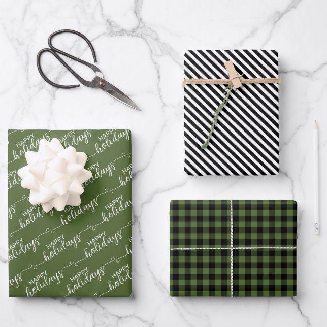 Classic Traditional Dark Forest Green Black Plaid Wrapping Paper Sheet (Front)