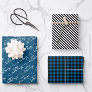Classic Traditional Dark Teal Blue Black Plaid Wrapping Paper Sheet