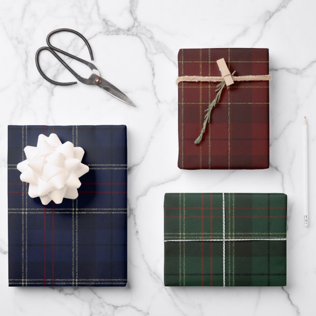 Classic Traditional Navy Red Green Plaid Holiday Wrapping Paper Sheet (Front)