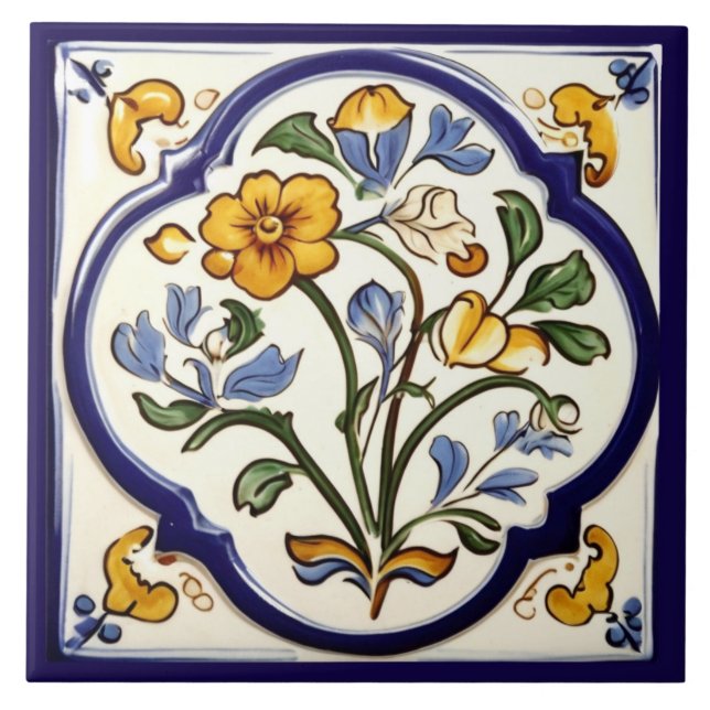 Classic Traditional Yellow Flower Blue Floral Tile (Front)