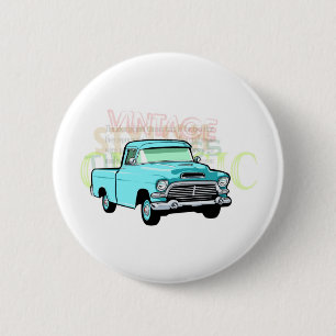 Classic truck in blue, very old turquoise pickup 2 inch round button