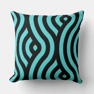 Classic Turquoise and Black Striped Wave Pattern Throw Pillow