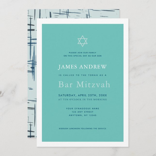 Classic Turquoise Blue Bar Mitzvah Invitation (Front/Back)