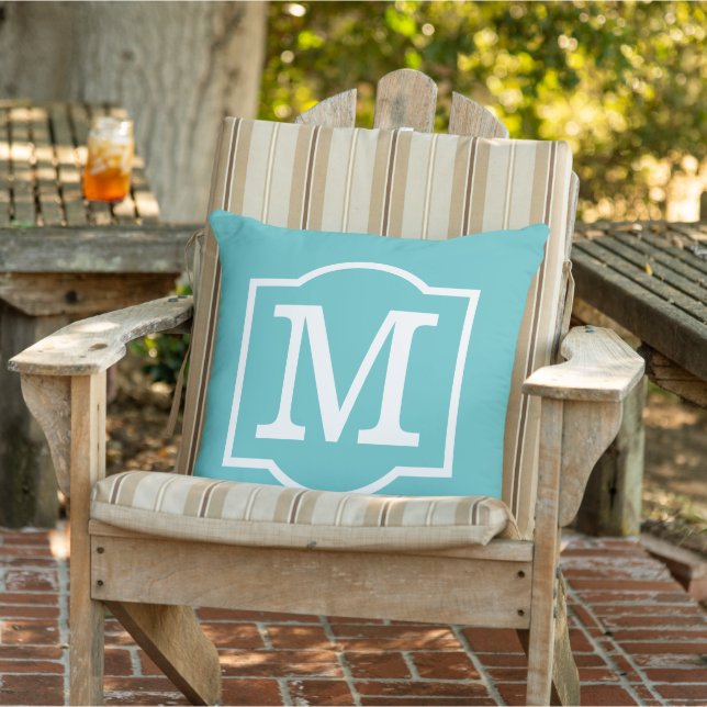 Classic Turquoise Blue Custom Monogram Letter Throw Pillow (Chair)
