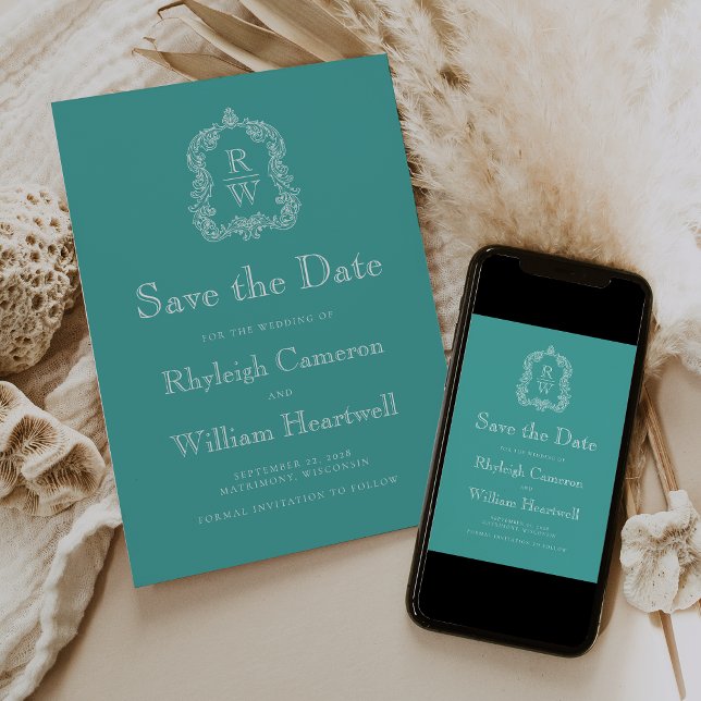 Classic Turquoise Monogram Crest Save The Date (Creator Uploaded)
