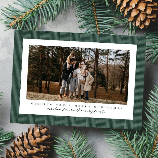 Classic tweed frame dark green photo Christmas Holiday Card (Creator Uploaded)