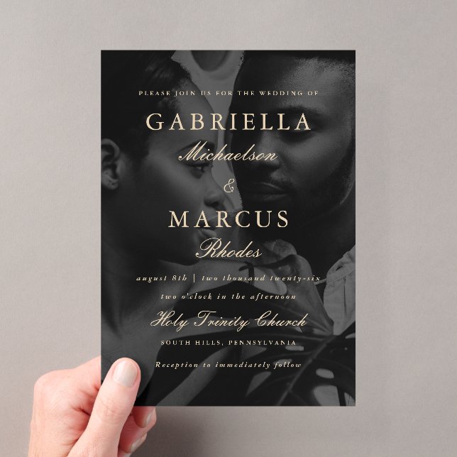 Classic Typography Overlay Photo Wedding Acrylic Invitations (Insitu (Handheld))