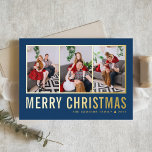 Classic Typography Photo Collage Blue Christmas Foil Holiday Card<br><div class="desc">Merry Christmas! Send your warm wishes this season with this customizable Christmas photo collage card. It features simple typography. Personalize by adding three photos,  names,  year and other details. This modern gold foil Christmas card is available in other colours and cardstock.</div>