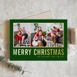 Classic Typography Photo Collage Green Christmas Foil Holiday Card<br><div class="desc">Merry Christmas! Send your warm wishes this season with this customizable Christmas photo collage card. It features simple typography on a green background. Personalize by adding three photos,  names,  year and other details. This modern gold foil Christmas card is available in other colours and cardstock.</div>