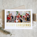 Classic Typography Photo Collage Merry Christmas Foil Holiday Card<br><div class="desc">Merry Christmas! Send your warm wishes this season with this customizable Christmas photo collage card. It features simple typography. Personalize by adding three photos,  names,  year and other details. This modern gold foil Christmas card is available in other colours and cardstock.</div>