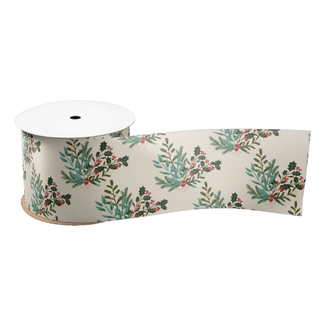 Classic Unique Green Botanical Holiday Christmas Satin Ribbon (Spool)