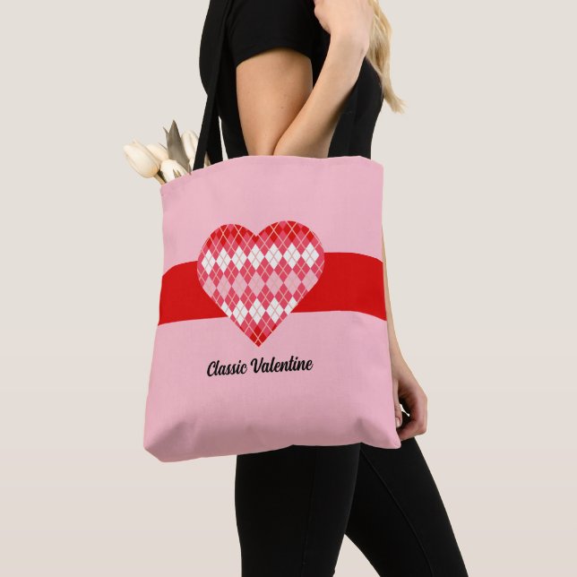 Classic Valentine Red and Pink Argyle Heart  Tote Bag (Close Up)