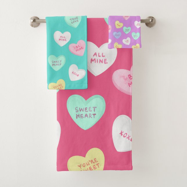 Classic Valentine's Candy Hearts Bath Towel Set (Insitu)