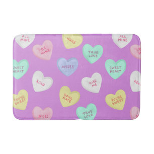 Classic Valentine's Candy Hearts on Purple Bath Mat