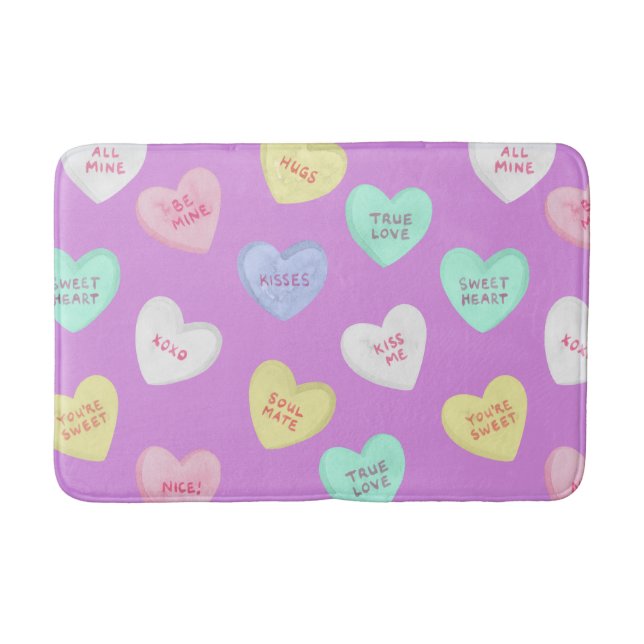 Classic Valentine's Candy Hearts on Purple Bath Mat (Front)
