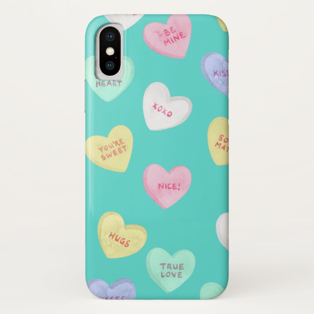 Classic Valentine's Candy Hearts on Teal Case-Mate iPhone Case (Back)
