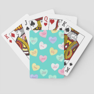 Classic Valentine's Candy Hearts on Teal Playing Cards
