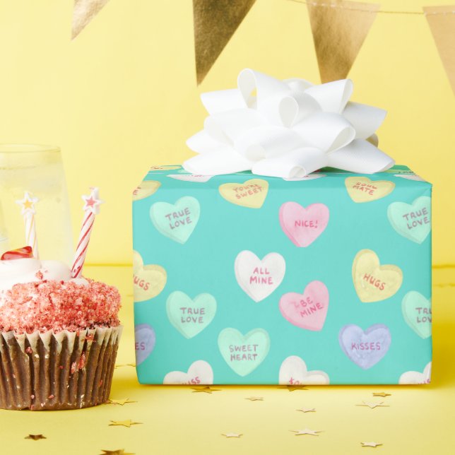 Classic Valentine's Candy Hearts on Teal Wrapping Paper (Birthday Party)