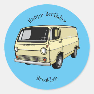 Classic van cartoon illustration round sticker