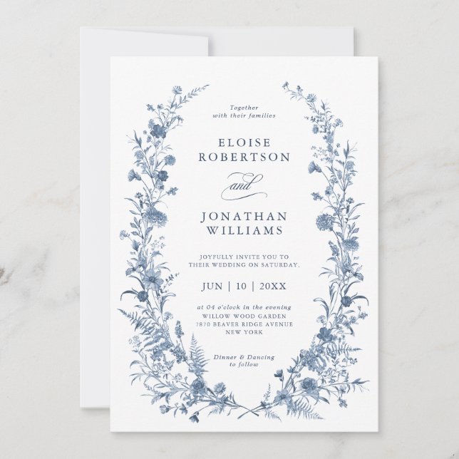 Classic Victorian Blue French Garden Chic Wedding  Invitation (Front)
