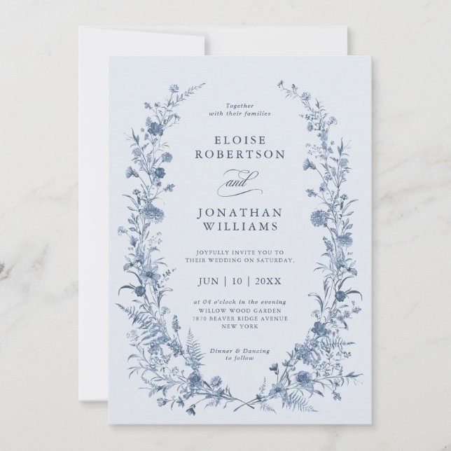 Classic Victorian Blue French Garden Chic Wedding  Invitation (Front)
