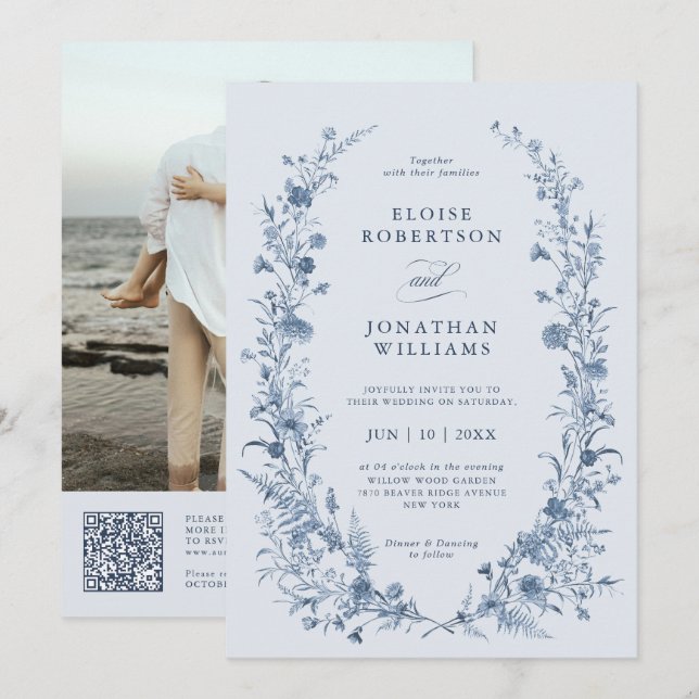 Classic Victorian Blue French QR Code Wedding Invitation (Front/Back)