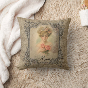 Classic Victorian Lady With Roses Throw Pillow