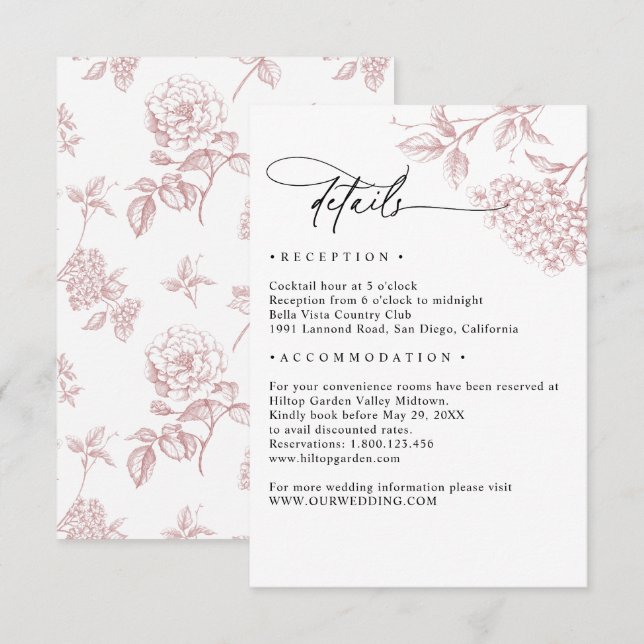 Classic Victorian Pink Floral Wedding Details Enclosure Card (Front/Back)
