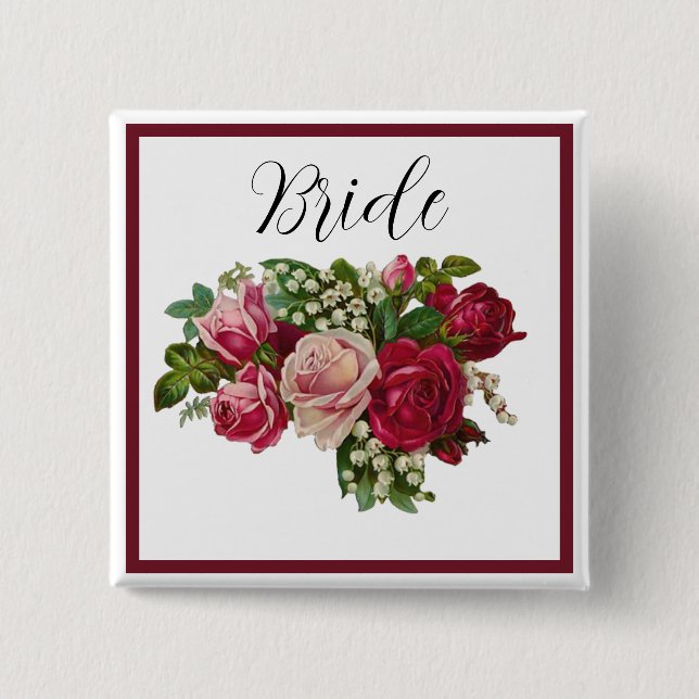 Classic Victorian Rose Lily of the Valley Bride 2 Inch Square Button (Front)