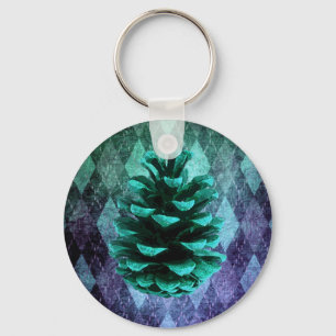 Classic vintage argyle pinecone rustic fall green keychain