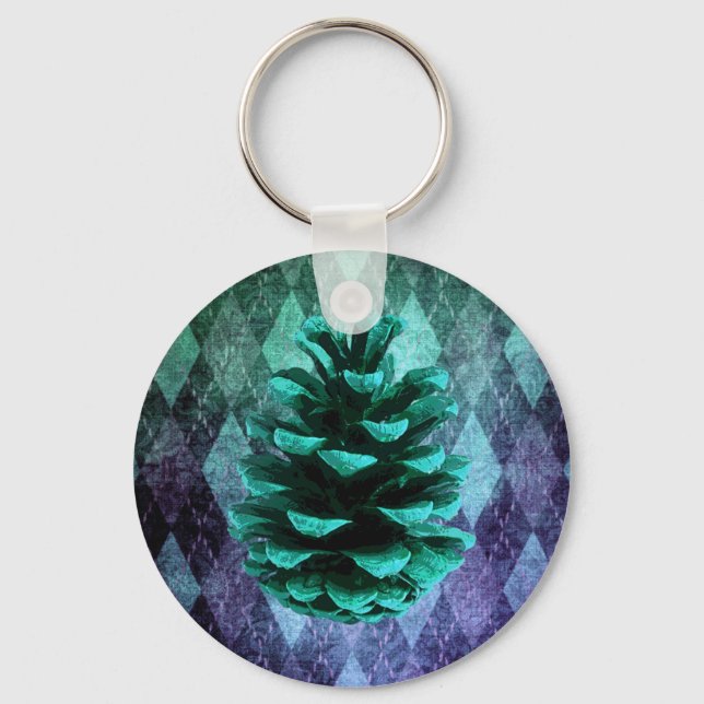 Classic vintage argyle pinecone rustic fall green keychain (Front)