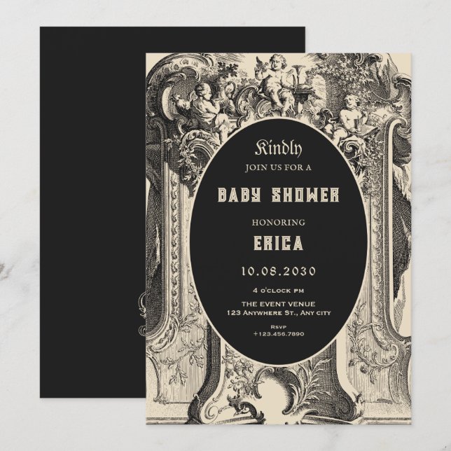 Classic vintage artistic angel baby shower invitation (Front/Back)