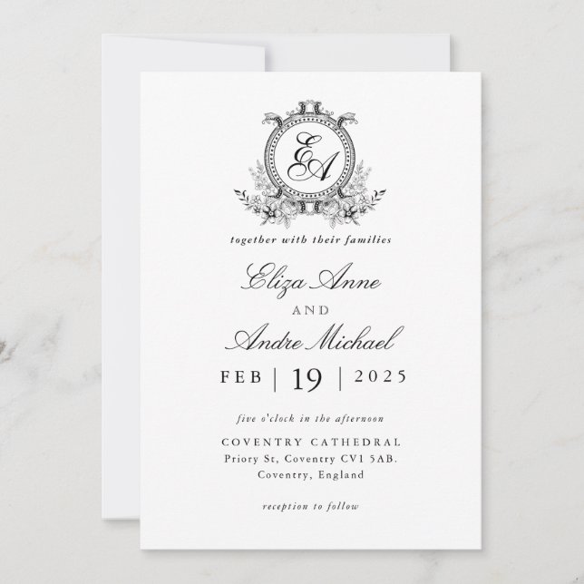 Classic Vintage Black and White Monogram Wedding Invitation (Front)