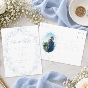 Classic Vintage Blue Floral Wreath Photo Save Date Postcard