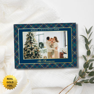 Classic Vintage Blue Plaid Photo Christmas Gold Foil Holiday Card