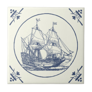 Classic Vintage Blue Sea Sailing Ship on Ivory Tile