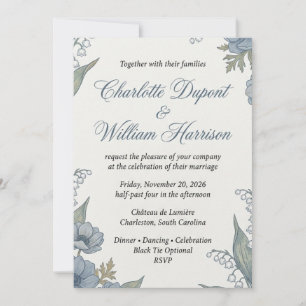 Classic Vintage Botanical Blue Floral Wedding Invi Invitation