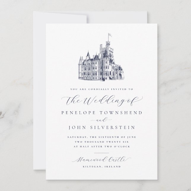 Classic Vintage Castle Illustration Script Wedding Invitation (Front)
