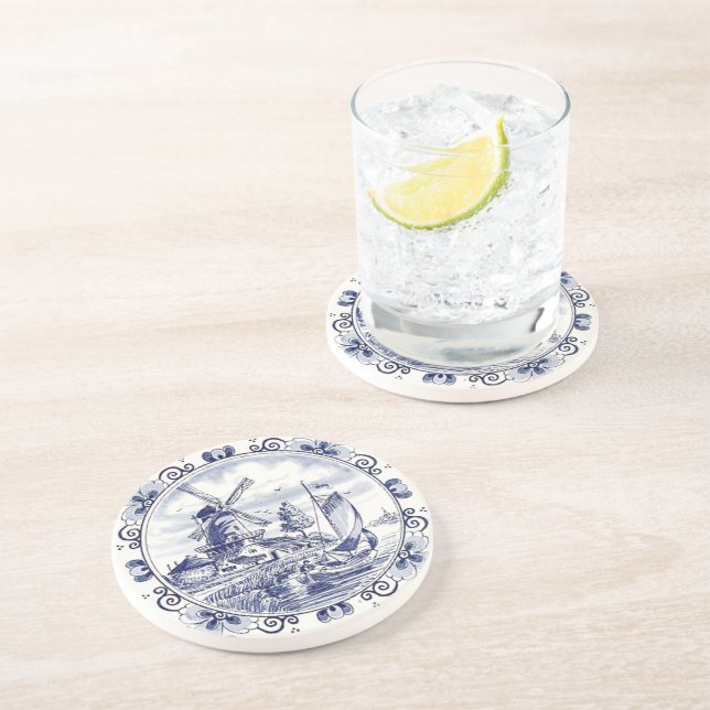 Classic Vintage Chic Dutch Windmill Delft Blue Coaster (Side)
